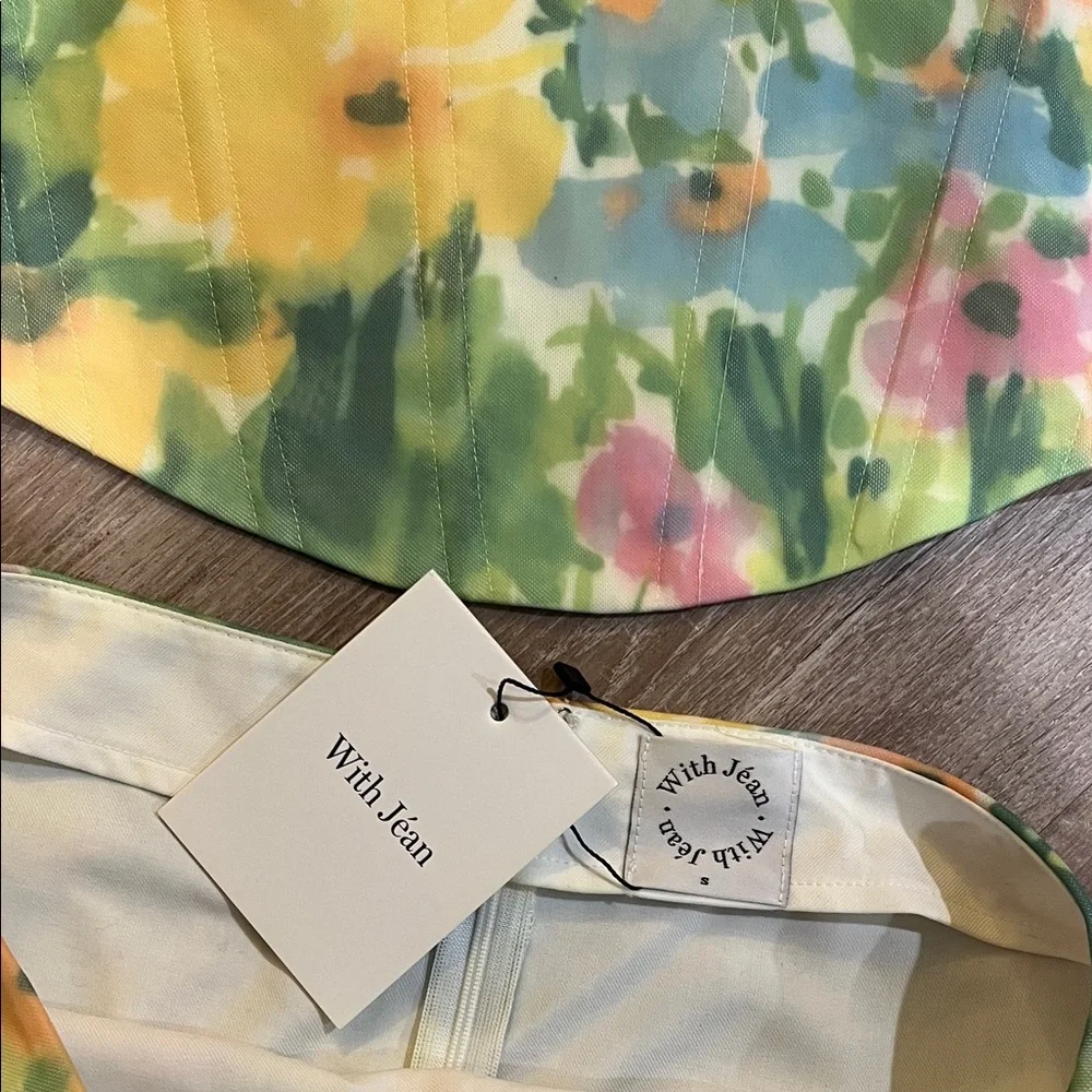 With Jean Floral Two-Piece Crop Top and Mini Skirt in Yellow, Green, Peach, Pink - Picture 2 of 3